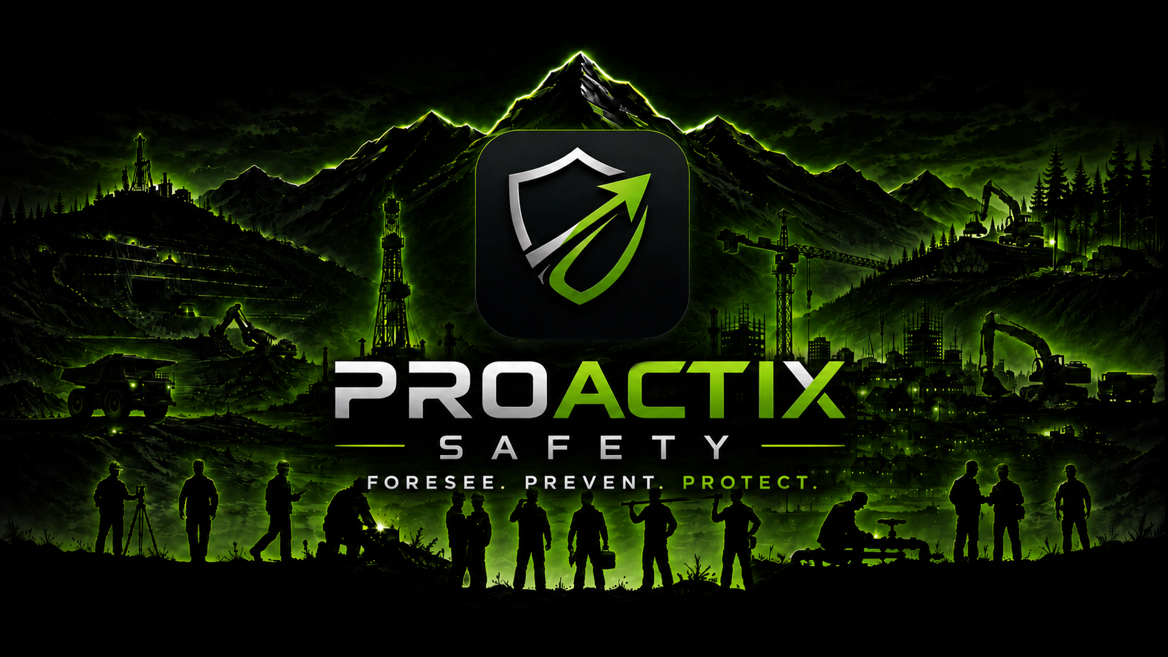 Proactix Safety — industrial workscape with workers, equipment and mountain backdrop, Foresee. Prevent. Protect.